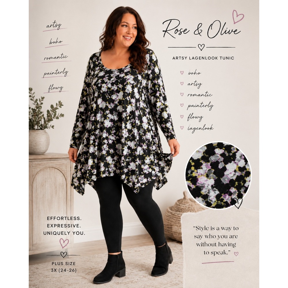 Rose and Olive Tunic Black White Womens 3X Abstract Floral Handkerchief Hem